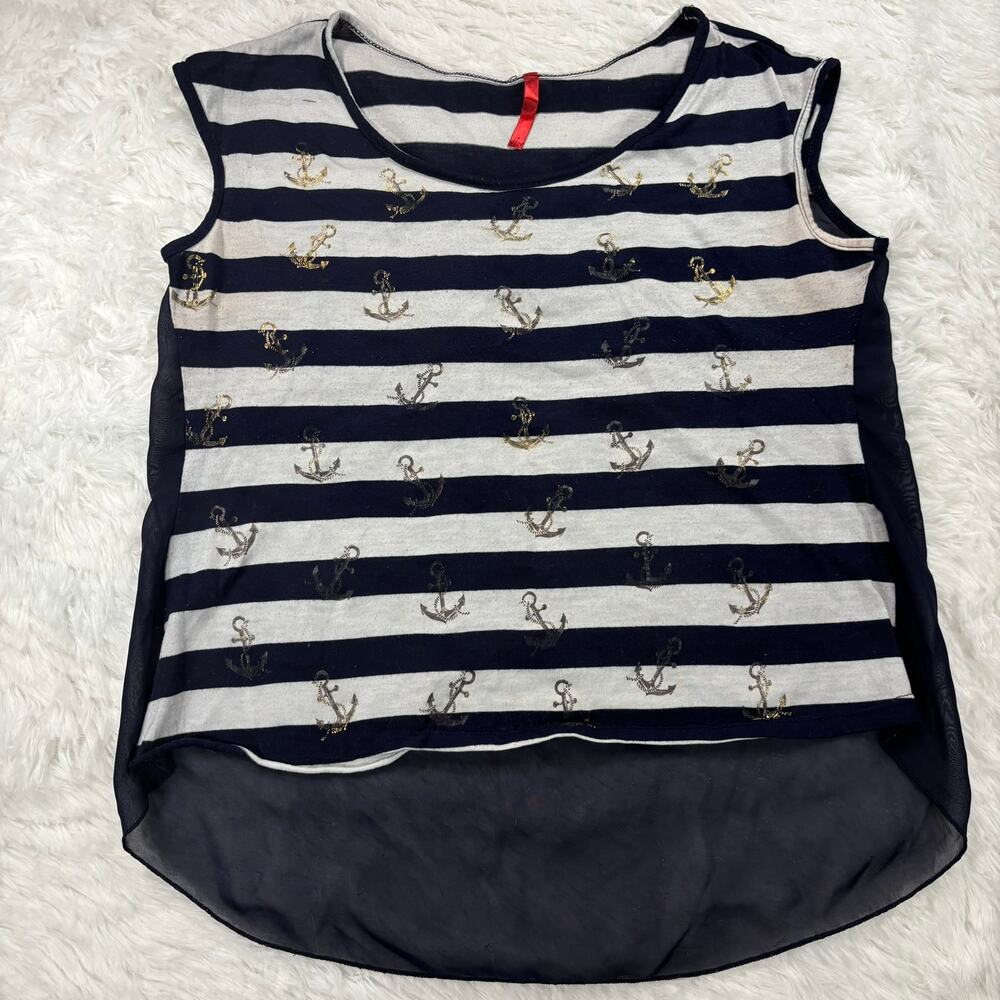 Nautical Navy Striped High Low Tank Top Gold Foil Anchor Chiffon Back